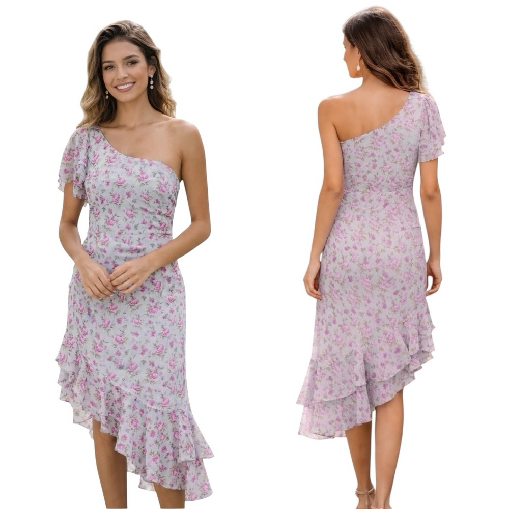 ASTR The Label Lisa Floral One-Shoulder Ruffle Midi Dress Size M NWOT Cottage